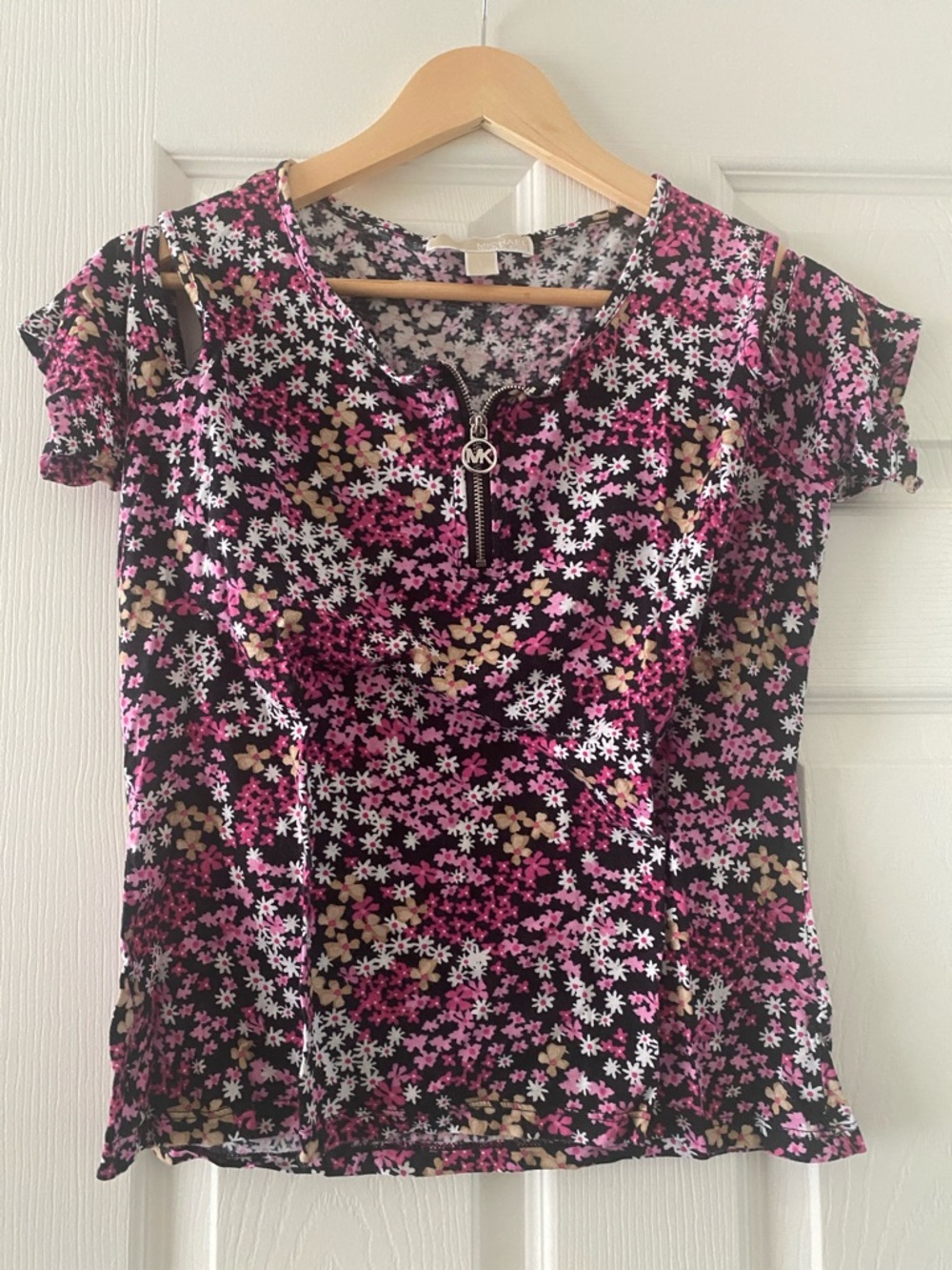 Michael Kors Black Floral Short-Sleeve Zip-Front Top
